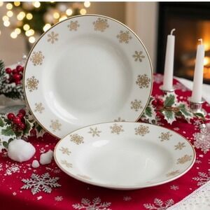Gibson Celebration Salad Bowls, Set of 2, Vintage Gold Snowflake Rim Dinnerware